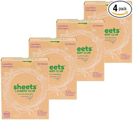 Sheets Laundry Club Laundry Detergent Sheets Lavender, 4-Pack, Calming Floral Scent, Eco-Friendly, Dissolvable Sheets