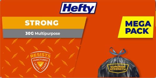 Hefty Strong 30 Gallon Trash Bags, Large Trash Bags 30 Gallon Size, Durable Drawstring Enclosure, Resists Punctures, Leaks, and Tears, Black, Unscented, 56 Bags (Pack of 3)