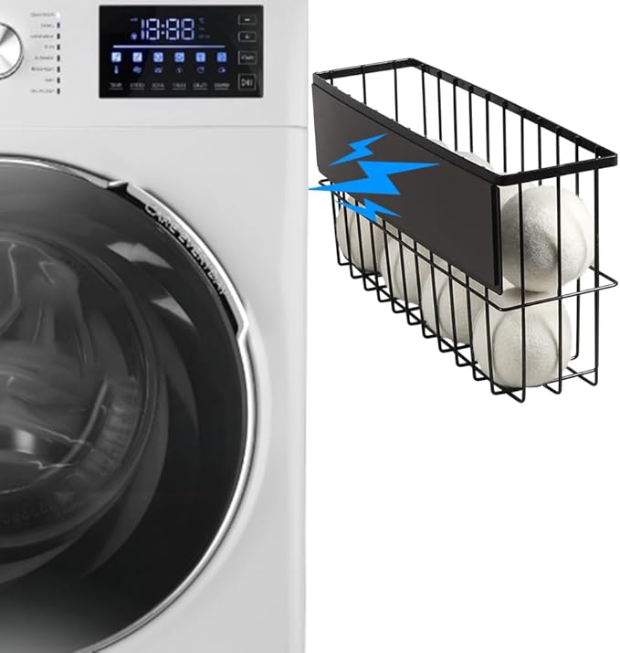 Picowe Extra Large Dryer Ball Organizer - Magnetic Storage Bin for Laundry Room Organization and Storage, Holds 10+ Dryer Balls (Black, XL)