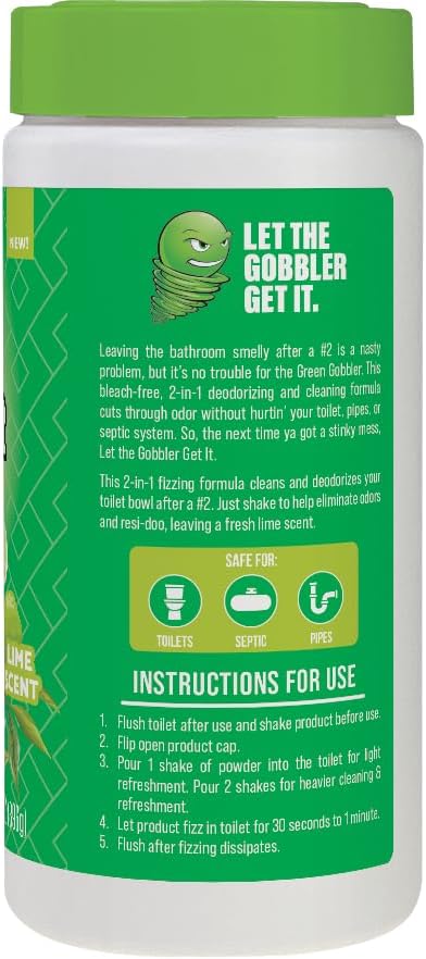 Green Gobbler Stink Buster Toilet Deodorizer & Cleaner For After You Go – Fresh Lime Scent, Bleach-Free, Enzyme Enhanced, Safe for Toilet, Pipes & Septic, Eliminates Odors & Residue, 15+ Uses