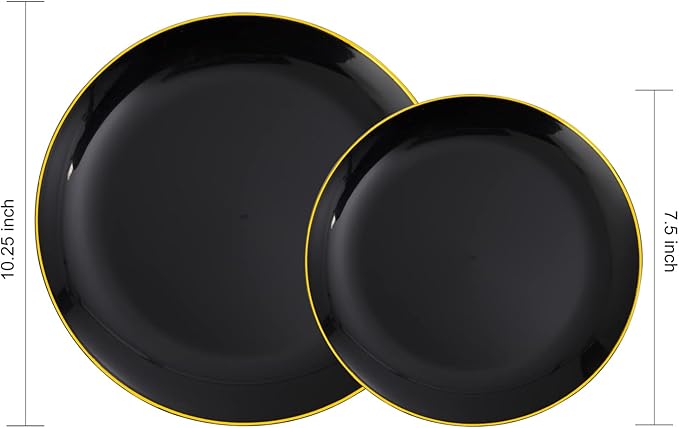 KIRE 60PCS Black Plastic Plates - Black Disposable Plates with Gold Rim - Include 30Pcs 10.25inch for Dinner and 30Pcs 7.5inch for Dessert for Wedding/Graduation/Party/Father's Day