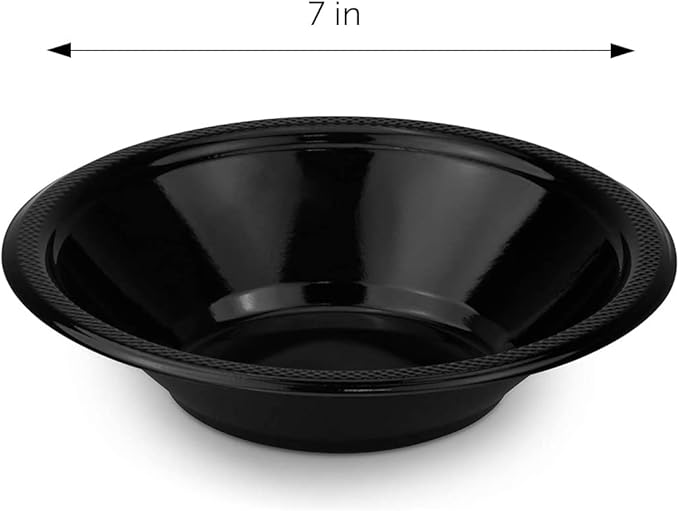 DecorRack 24 Small Plastic Bowls, 7 inch Disposable 12 oz Serving Bowl, Fruit Snack, Popcorn, Soup, and Salad, Kids Birthday and Holiday Party Supplies, Black (Pack of 24)