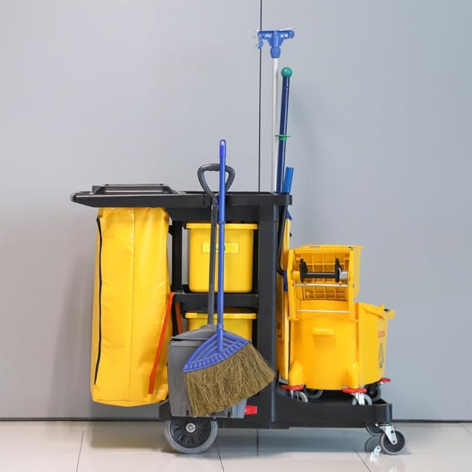 Restaurantware-RW Clean 44.3 x 20.1 x 37.8 Cleaning Cart, 1 Heavy-Duty Janitorial Cart - With 3 Shelves, 20-Gallon Nylon Bag, Plastic Housekeeping Cart, Wheeled, For Commercial Use