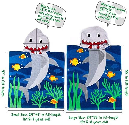 Florica Toddler Hooded Beach Towel Coverup Cape Kids 100% Cotton Soft Quick Dry Absorbent Use for Swim Pool Bath Poncho Towels for 3 to 8 Years Old Children Size 24"x 55" in Full-Length (Brave Shark)