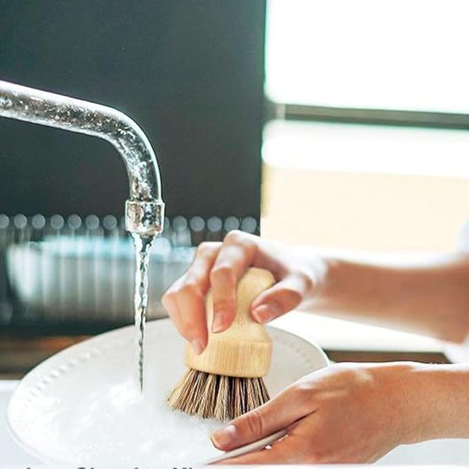 6 Packs Bamboo Dish Brush - Hard Bristle, Eco Friendly Dish Scrubber Union Fiber and Tampico Fiber Bamboo Wok Brush for Washing Cast Iron Pan/Pot