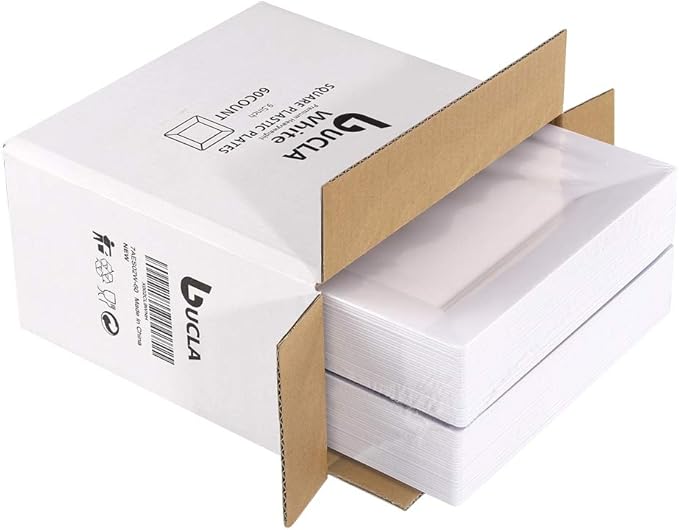 bUCLA 60Pieces White Plastic Plates - 9.5inch White Square Plates- Premium Hard Plastic Dinner Disposable for Weddings& Parties