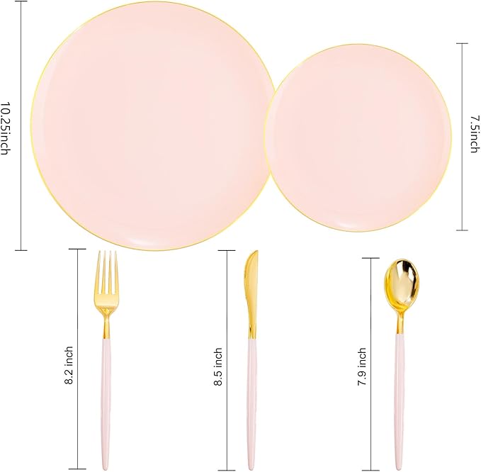 Liacere 150PCS Plastic Plates-Gold Plastic Silverware with Pink Handle - Pink Disposable Plates Include 30 Guests Plates, Forks, Spoons, Knives for Wedding&Easter Day & Mothers Day