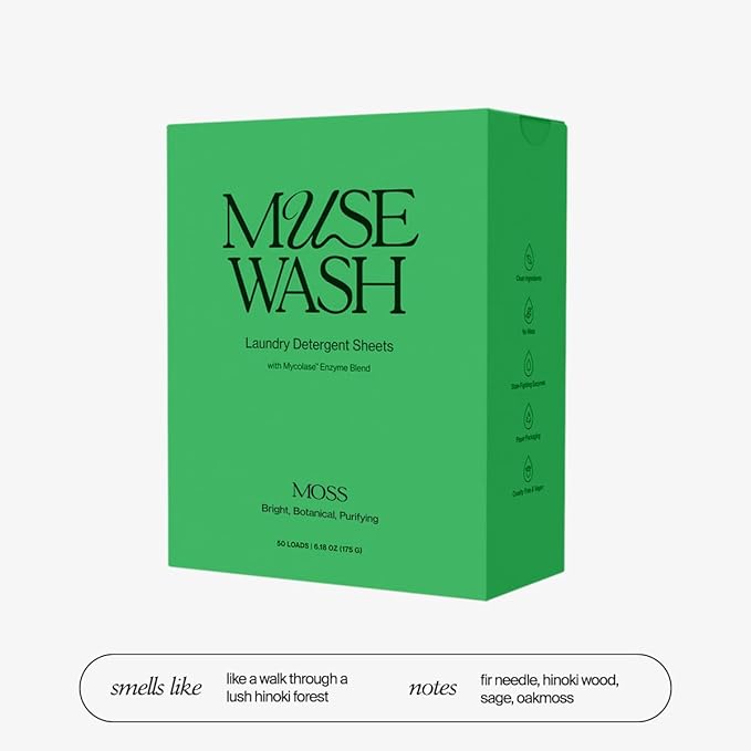 Laundry Detergent Sheets | Enzyme-Powered, Vegan, Paraben-Free | Luxury Scents | Plastic-Free, Eco-Friendly, Travel-Friendly Packaging (50 Loads - 1 Box, MOSS)