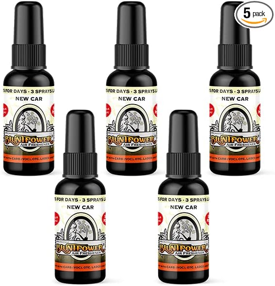 BluntPower (New Car, 5 Pack) Concentrated Air Freshener - Premium Oil Based Air Freshener Spray For Home and Car - Long-Lasting Bathroom Spray, Car Freshener, & Odor Eliminator Spray