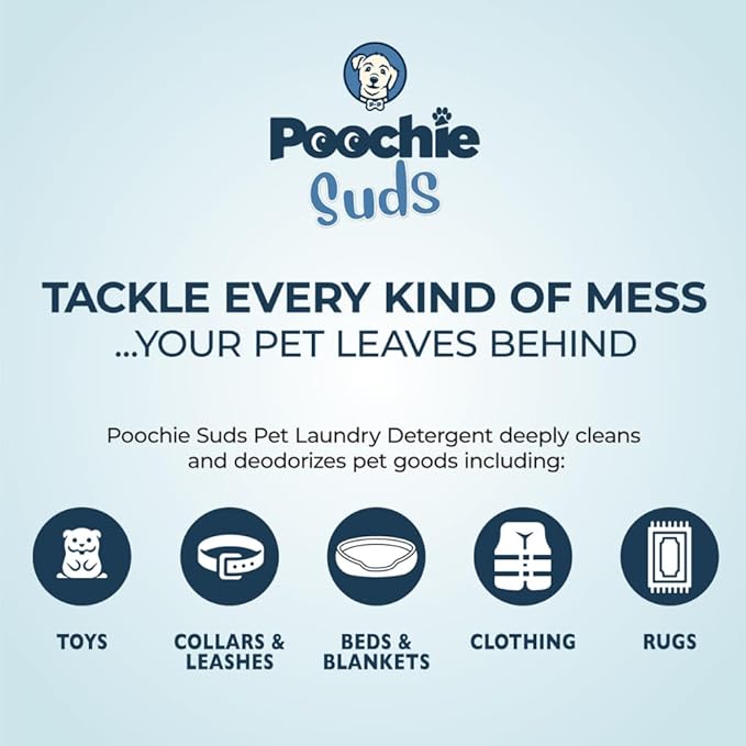 Poochie Suds Pet Laundry Detergent, Enzyme Cleaner and Odor Remover, Hypoallergenic and Fragrance-Free Pet Safe Detergent for Dog and Cat Bedding, Blankets, Toys and Gear, Made in USA, 16 fl oz