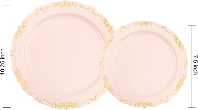 DaYammi 60 PCS Pink Gold Plastic Plates, Pink Disposable Plates with Gold Rim Include: 30 Dinner Plate, 30 Dessert Plate for Party, pink plastic plates with Vintage lace for Wedding