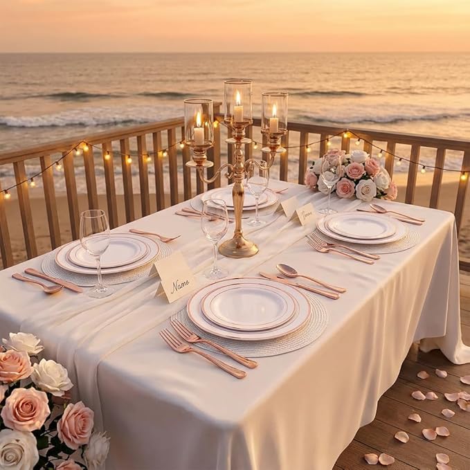 GATHER 350PCS Rose Gold Plastic Plates - Disposable Rose Gold Dinnerware Sets Includes 100 Gold Rimmed Plastic Plates, 150 Silverware, 50 Napkins, 50 Cups for Party, Wedding
