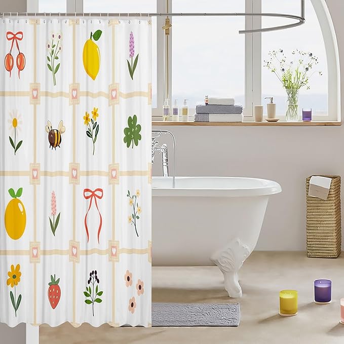 Erosebridal Floral Girl Shower Curtain, Cartoon Pastel Lattice Waterproof Bathroom Curtain for Kids Teens, Kawaii Bees Fruits Bows Pattern Bath Curtains, Cute Bathroom Accessories, 72" W x 72" L