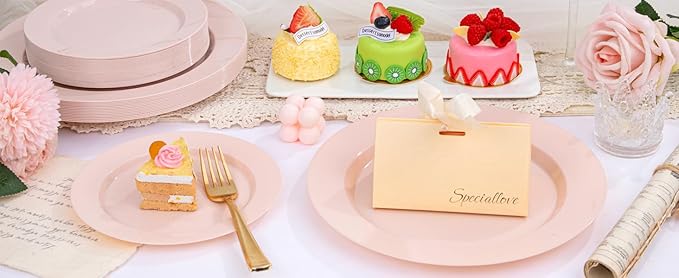 FLOWERCAT 200PCS Pink Plastic Plates Disposable Plates for Party - Heavy Duty Plastic Plates - 100 10" Pink Dinner Plates and 100 7" Pink Salad Plates for Weddings,Parties,Mother's Day
