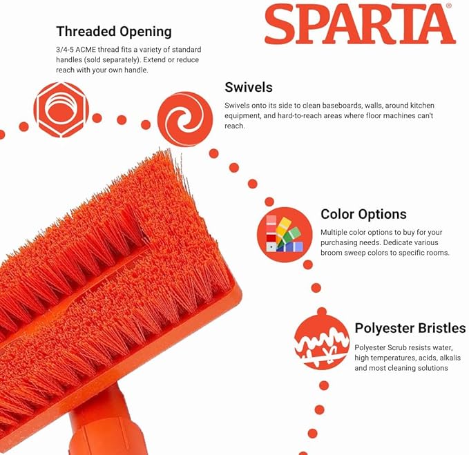 SPARTA 3638831EC24 Polyester Rectangle Scrub Brush, Floor Brush, Cleaning Brush With Swivel Head For Cleaning, 8 Inches, Orange