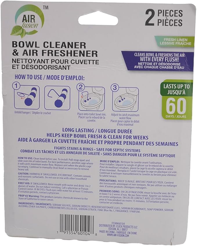 5-in-1 Rim Hanger Toilet Bowl Cleaner Fresh Linen Mint Scent 2 Counts, Long Lasting Toilet Deodorizer and Cleaner for Continuous Freshness and Stain Removal