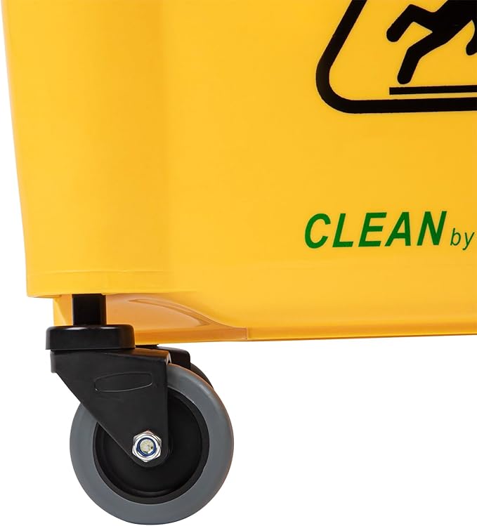 Restaurantware RW Clean 38 Quart Industrial Mop Bucket 1 Combo Mop Wringer Bucket - With Side Press Wringer Built-In Casters Yellow Plastic Commercial Mop Bucket Carry Handle For Commercial Use