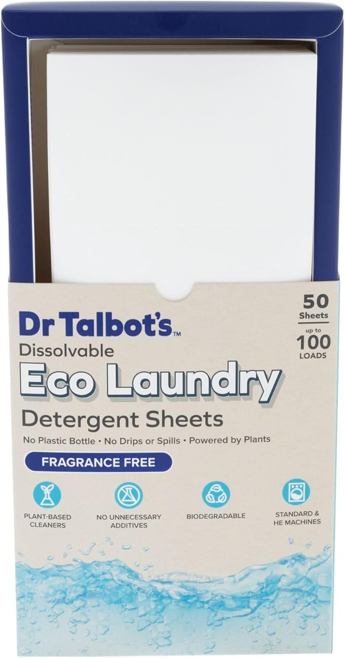 Dr. Talbot's Eco Laundry Detergent Sheets – Fragrance Free, Plant-Based, Biodegradable, No Harsh Additives, Dissolvable for Standard & HE Machines, 50 Sheets (Up to 100 Loads), Travel & Eco-Friendly