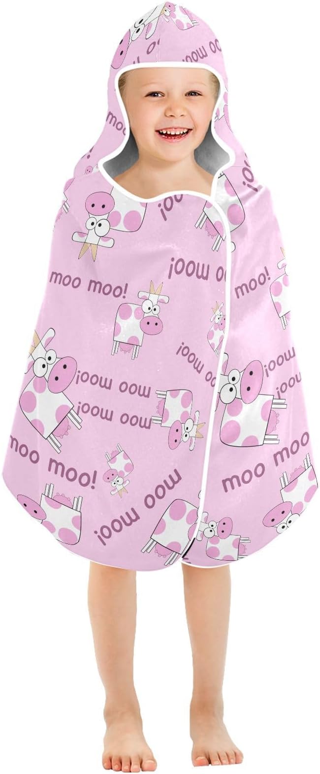 susiyo Kids Hooded Bath Towel Cow Cartoon Pink Beach Towel for Kids 23.5 x 50 Inch Microfiber Soft Absorbent Quick Dry Bath Swim Pool Towel Wrap Poncho Bathrobe with Hood for Kids Toddler