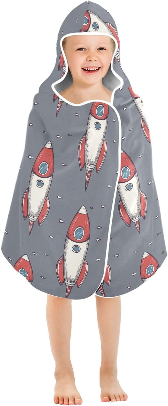 Hooded Beach Towel for Kids Cartoon Space Rockets Gray Hooded Beach Bath Towel Soft Toddler Towels