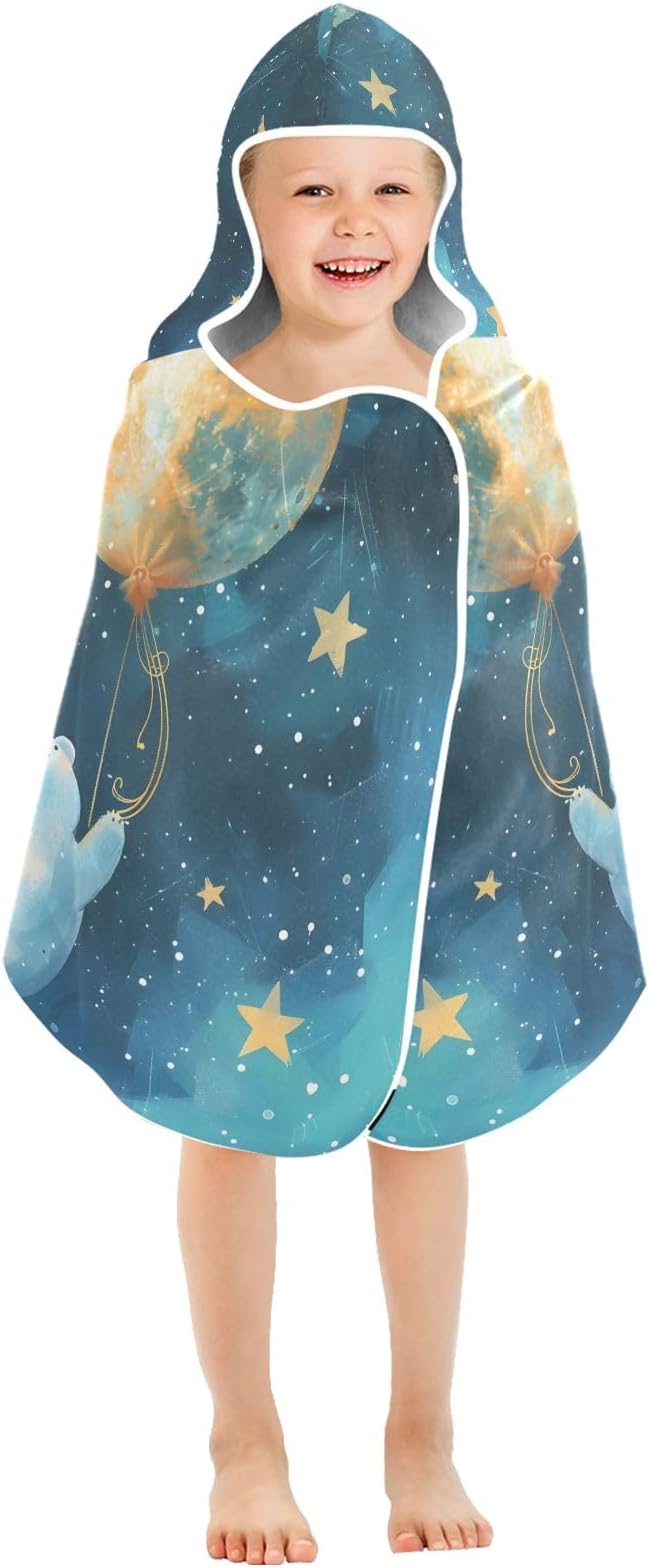 Hooded Towel for Kids Lovely Blue White Bear Flying in Starry Sky Beach Wrap Bath Towels 50x23.5in