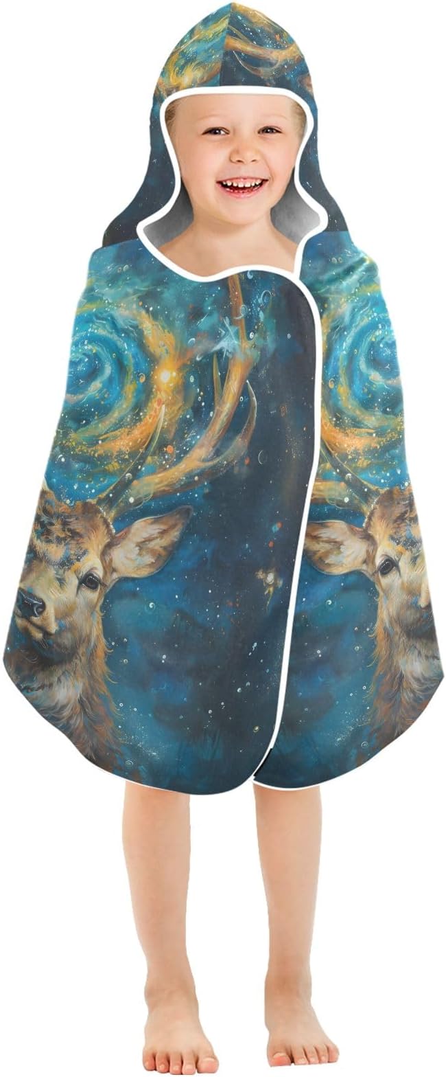 Hooded Towel for Kids Galaxy Deer Oil Painting Beach Wrap Bath Towels 50x23.5in
