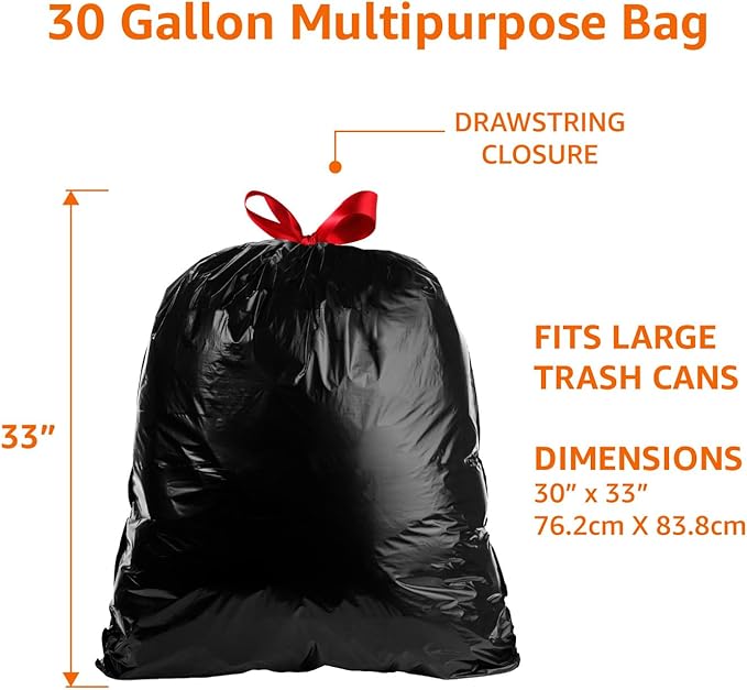 Amazon Basics Multipurpose Drawstring Trash Bags, 30 Gallon, Tear Resistant, 20 Count, Black