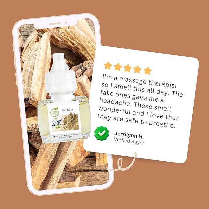 Scent Fill 100% Natural Palo Santo Plug in Air Freshener, Scented Oil Refills, 2 Refills + Diffuser