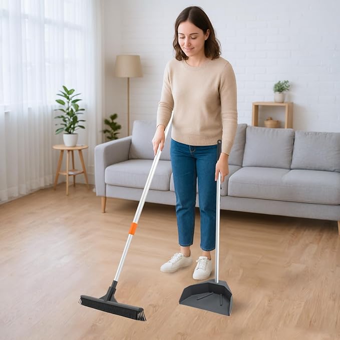 Superio Silicone Broom - Carpet Rake with 35" Long Handle Dustpan Set - Rubber Broom for Pet Hair on Carpet & Hardwood Floors, Stand-Up Dustpan with Aluminum Handle - Gray