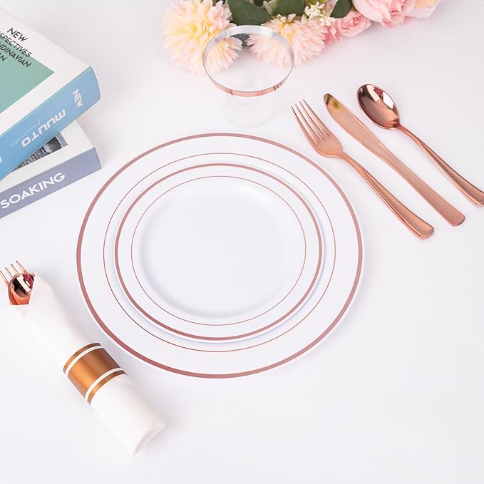 WELLIFE 350Pcs Rose Gold Plastic Plates for 50 Guests - Plastic Dinnerware Set,Party Supplies Includes 100 Rose Gold plates,150 Silverware,50 Napkins,50 Cups for Valentines and Galentines