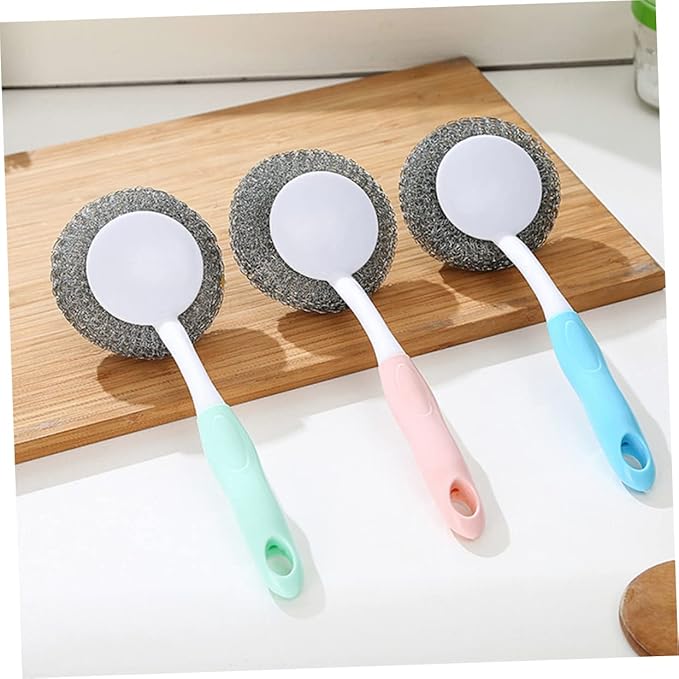 Dishwashing Brush with Handle Wire Ball Scrubber Non-Slip Grip for Cleaning Pots Pans Glasses Kitchen Tools Pink 9.84X3.54X0.39In