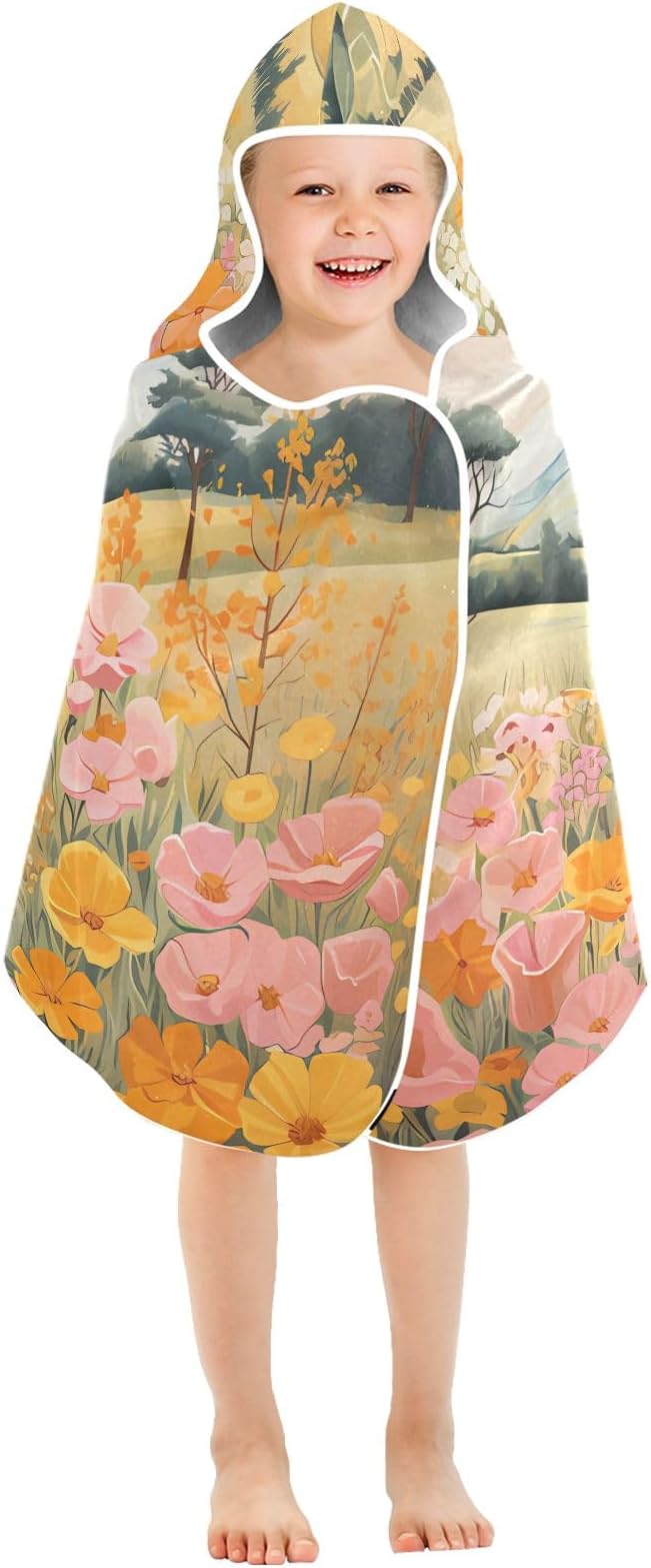 Hooded Towel for Kids Floral Path Painting Beach Wrap Bath Towels 50x23.5in
