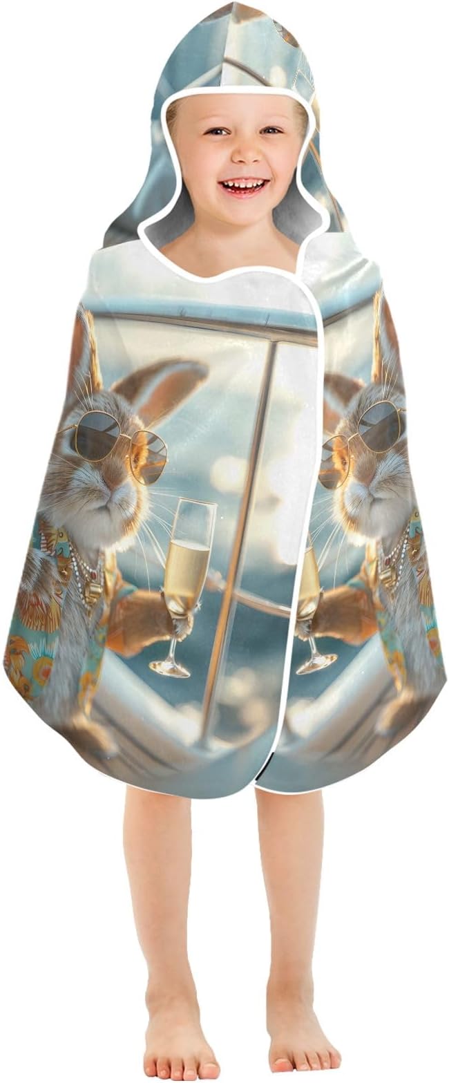 Hooded Towel for Kids Rabbit with Sunglasses Drinking Beach Wrap Bath Towels 50x23.5in