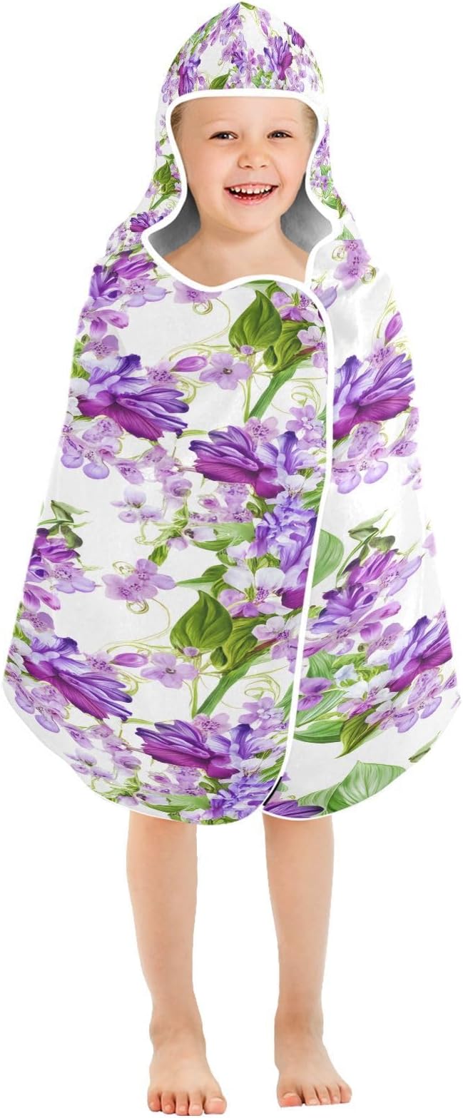 CEBUGI Purple Flowers Hooded Bath Towel for Kids Absorbent Soft Bath Towel Wrap with Hood 50x23.5in Pool Beach Shower Towel for Boys Girls