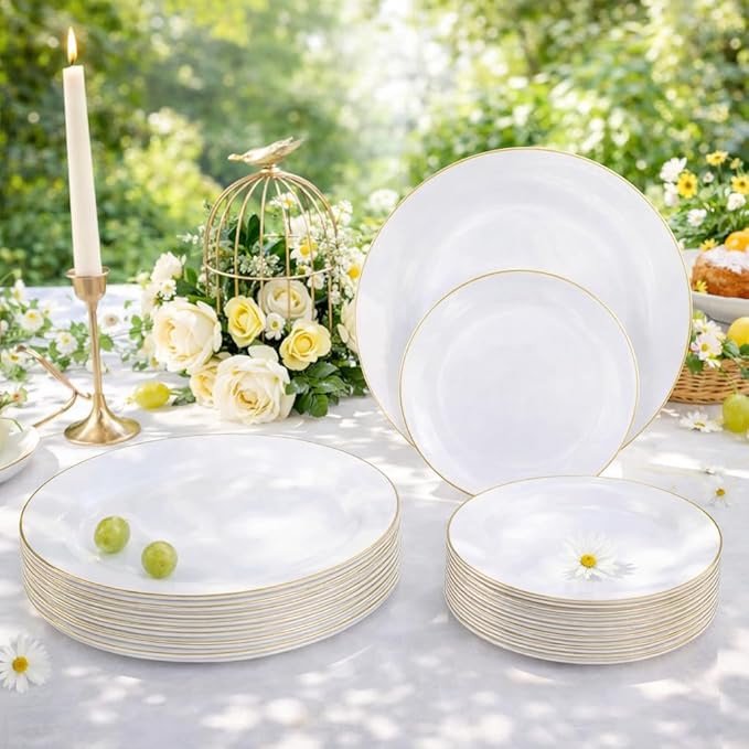 Festiva 176Pcs White and Gold Plastic Plates - White with Gold Rim Fall Dinnerware Set - 25Guest include Plates Cups Cutlery Napkins for Birthday Party&Wedding& Easter
