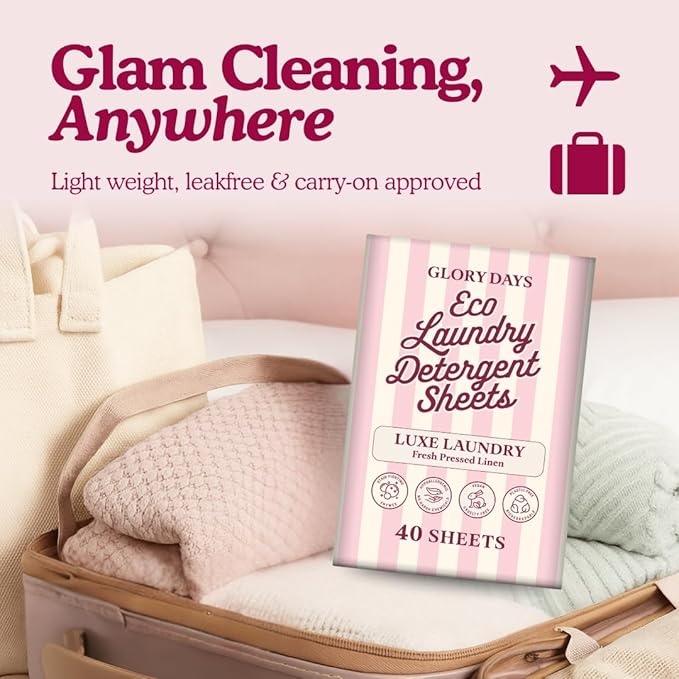 Glory Days Eco Laundry Detergent Sheets Fresh Linen Scent – Enzyme-Powered, Plastic-Free, Gentle on Skin – 40 Sheets 80 Loads HE Compatible