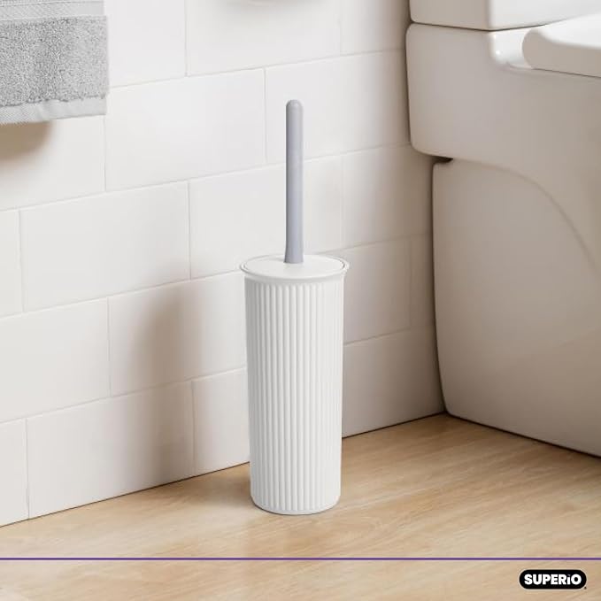 Decorative Plastic Toilet Bowl Brush and Holder Set, White (2 Pack) Cleaner Scrubber for Bathroom - Ribbed Design