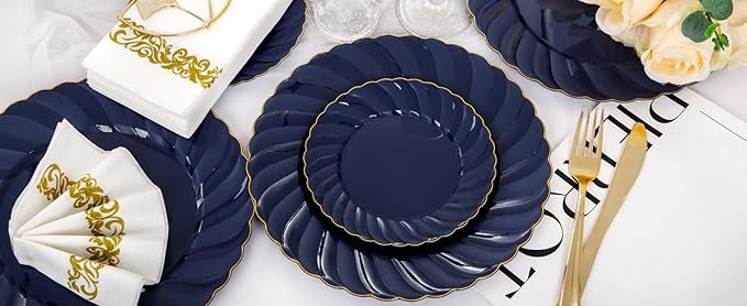 YOUBET 150PCS Blue Plastic Plates - Gold Plastic Silverware - Heavy Duty Navy Blue Disposable Plates include 50 Plates, 25 Forks, 25 Knives, 25 Spoons, 25 Napkins for Wedding Birthday Parties