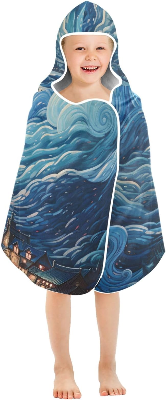 Hooded Towel for Kids Village Starry Night and Clouds Beach Wrap Bath Towels 50x23.5in