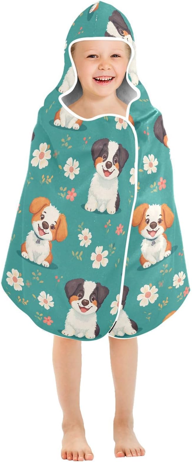 Kids Hooded Beach Towel Cartoon Cute Dog Turquoise Boys Hooded Beach Towel Soft Toddler Bath Towels