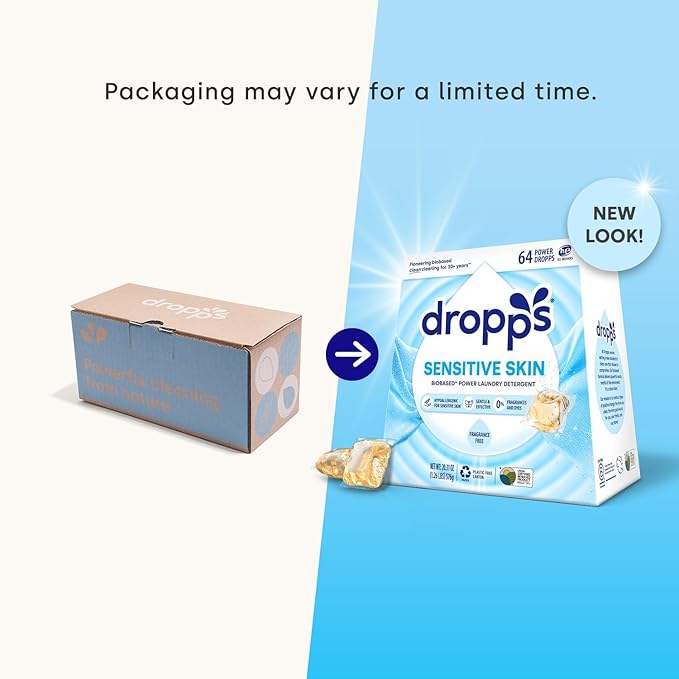 Dropps Sensitive Skin Laundry Detergent Pods, Unscented (64 Ct) - Hypoallergenic & Dermatologist Tested | Free & Clear | Laundry Pods for Sensitive Skin | Clean Ingredients | Plastic Free Packaging
