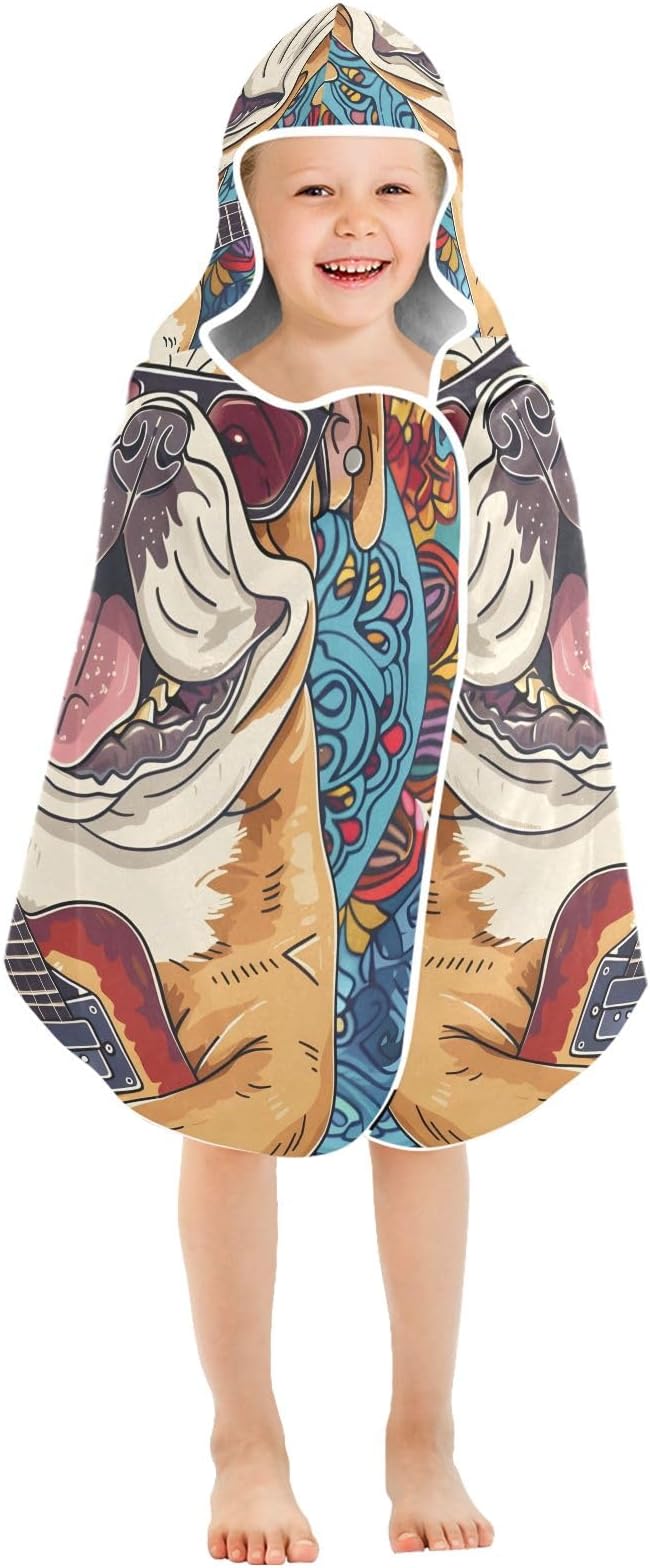 Hooded Towel for Kids Happy Bulldog Playing Guitar Beach Wrap Bath Towels 50x23.5in