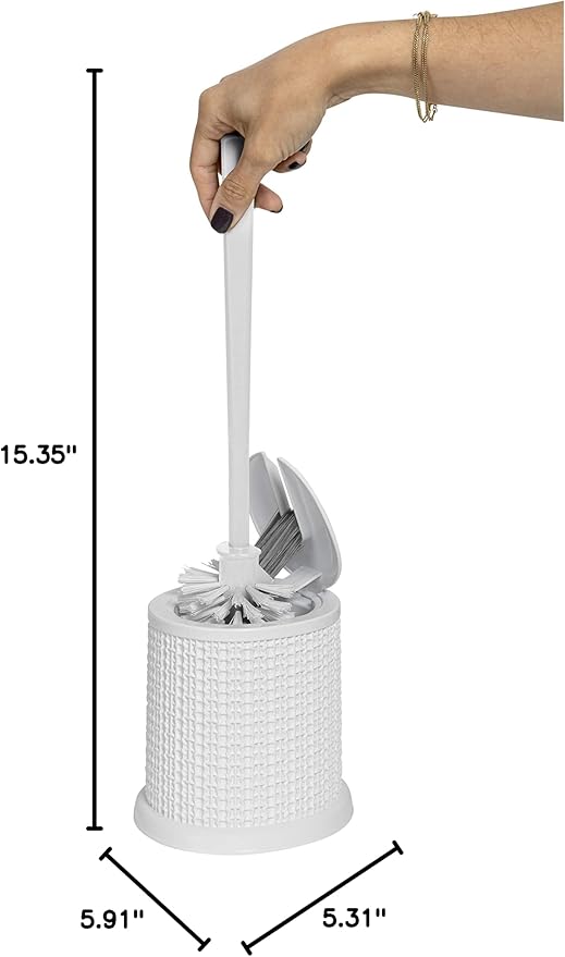 Bath Bliss Self Closing Lid Toilet Brush with Rim Scrubber | Dimensions: 5. 9" x 5. 3" x 15. 4" | Self Closing | 360 Degree Bristle | Bathroom Cleaning | Separate Rim Scrubber | White