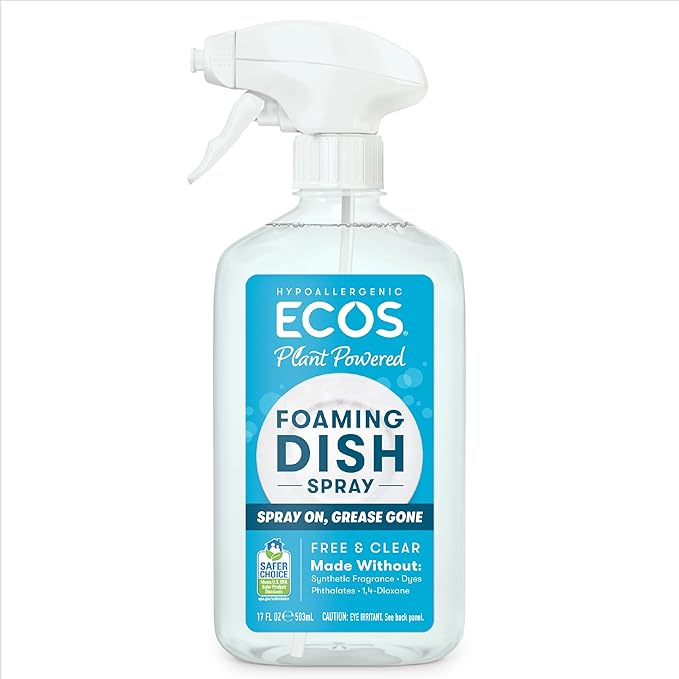 ECOS Foaming Dish Soap, Powerful Spray-On Formula, Saves Water, Wipe & Rinse Dish Cleaner - Hypoallergenic - Free & Clear, 17 Fl Oz (Pack of 4)