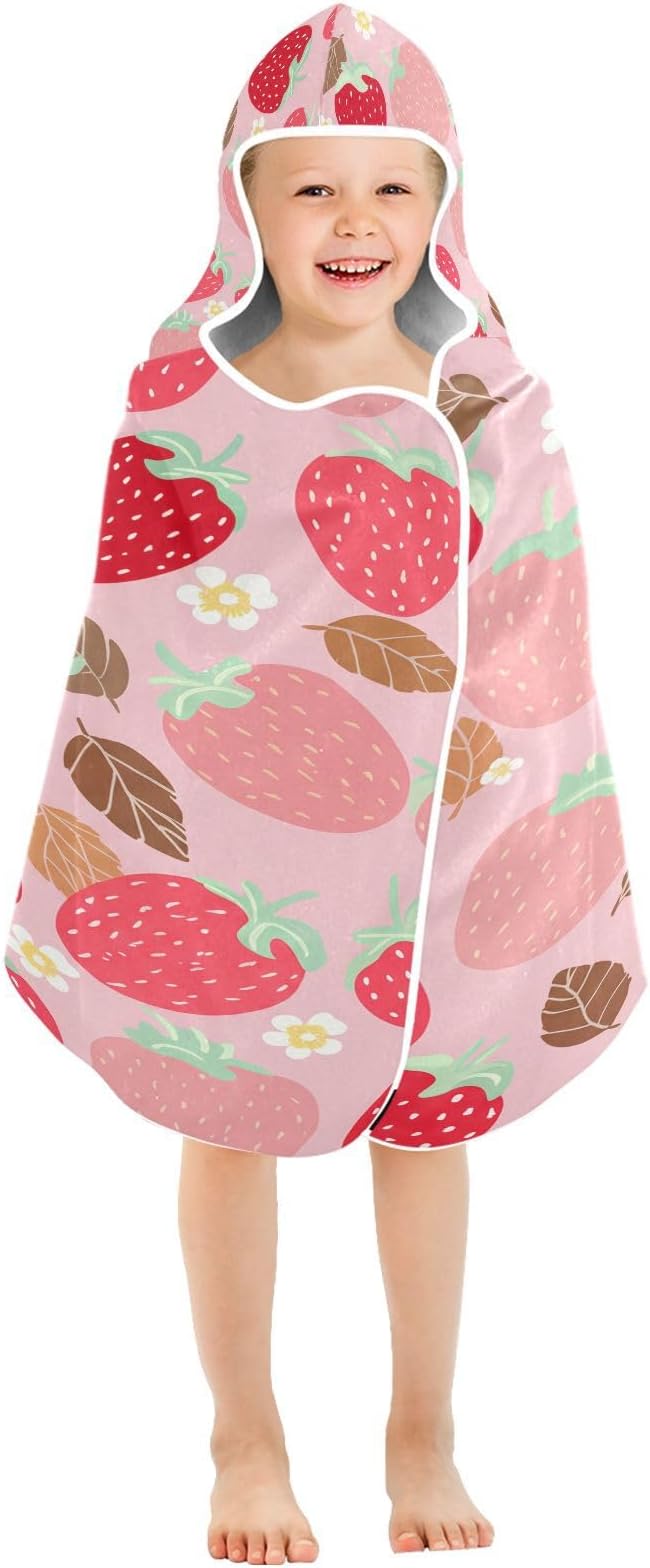 CEBUGI Strawberries Hooded Bath Towel for Kids Absorbent Soft Bath Towel Wrap with Hood 50x23.5in Pool Beach Shower Towel for Boys Girls
