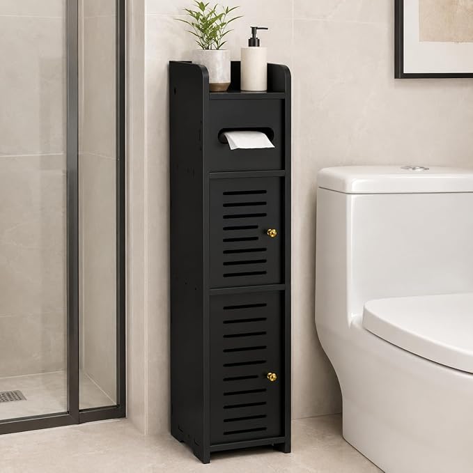 Toilet Paper Holder Stand, Small Bathroom Storage Cabinet with Doors and Toilet Paper Storage, Slim Floor Standing Shelf for Small Spaces,Toilet Storage Cabinet for Bathroom,Black