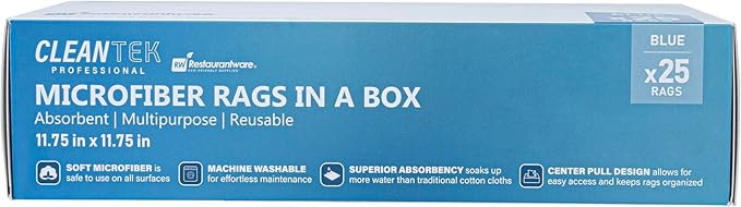 Restaurantware-Clean Tek Professional 11.81 x 11.81 Inch Microfiber Rags In a Box, 25 Absorbent Cleaning Cloths - No-Scratch, Blue Microfiber Reusable Edgeless Cleaning Towels, Leaves No Streak