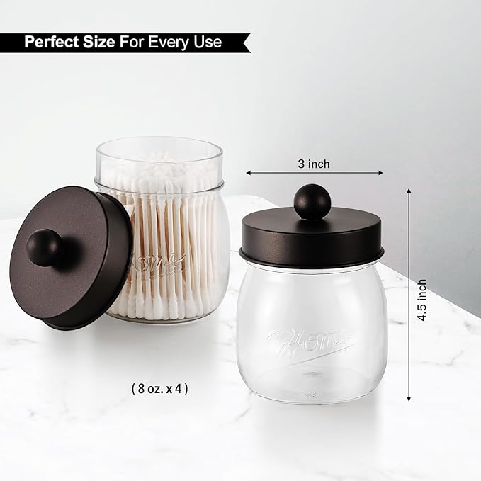 Farmhouse Decor Apothecary Jar Set,Mason Jar Bathroom Vanity Storage Organizer Canister-Qtip Holder Plastic Acrylic Jar for Cotton Swabs, Cotton Pad, Floss Pick, Paper Clip, Hair Clip (4 Pack, Bronze)