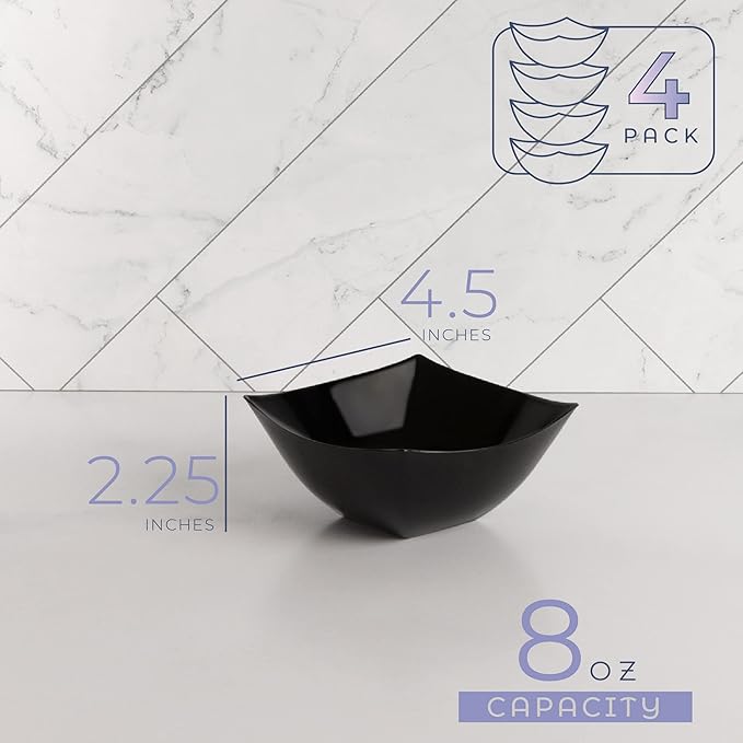 PLASTICPRO Disposable Square Serving Bowls, Party Snack or Salad Bowl, Plastic Black Pack of 4, 8 OUNCE, Black