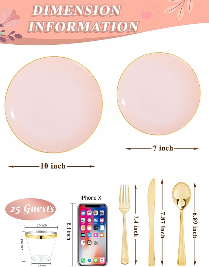 WDF 150Pcs Pink Plates Disposable - Pink and Gold Plastic Plates 25guest Disposable Dinnerware Include 25 Dinner Plate, 25 Dessert Plate, 25 Cutlery & 25 9oz Cups for Baby Shower/Wedding/Birthday